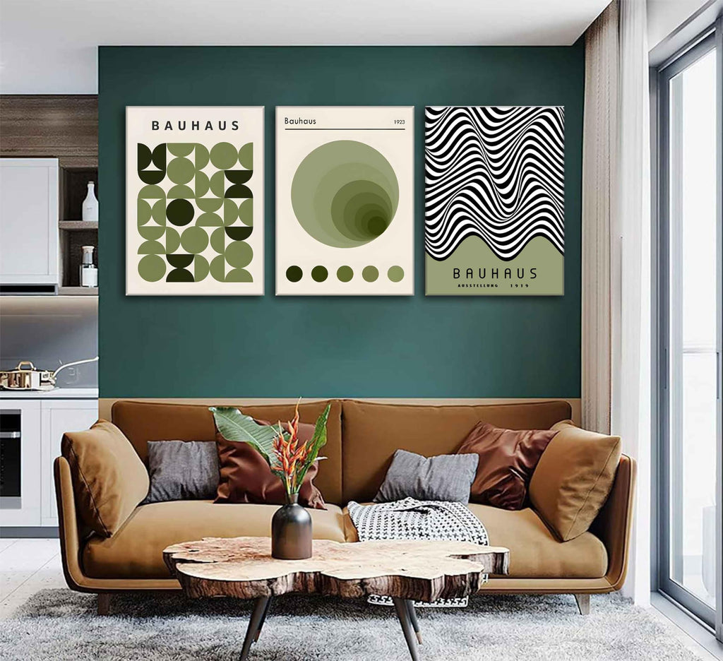 Green Bauhaus Wall Art, Mid Century Geometric Wall Decor, Set of 3, 12x16in