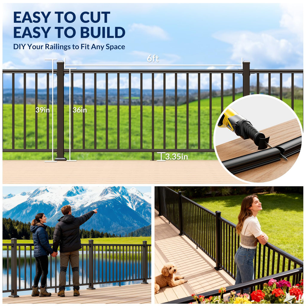 36in x 24ft Modular Aluminum Porch and Deck Railing Kit with 4 Post