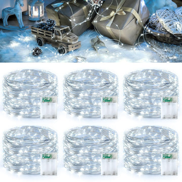 White Fairy Lights Battery Operated, 6 Pack Each 16ft 50 LED Outdoor String Lights, Silver Wire Mini Twinkle Light