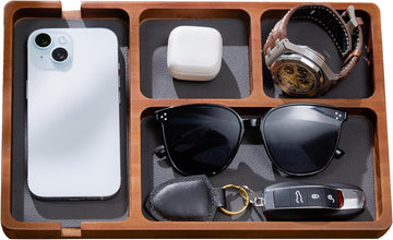 Wooden Valet Tray for Men, Nightstand Organizer with Leather Inlay, EDC Essentials Catchall Tray for Keys, Phone