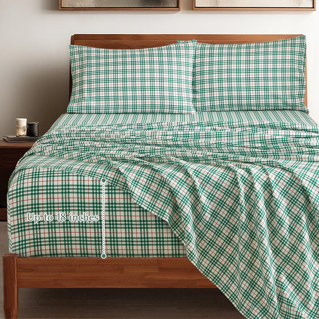Green Checkered Sheets, Plaid Patterned, Deep Pocket 4pc