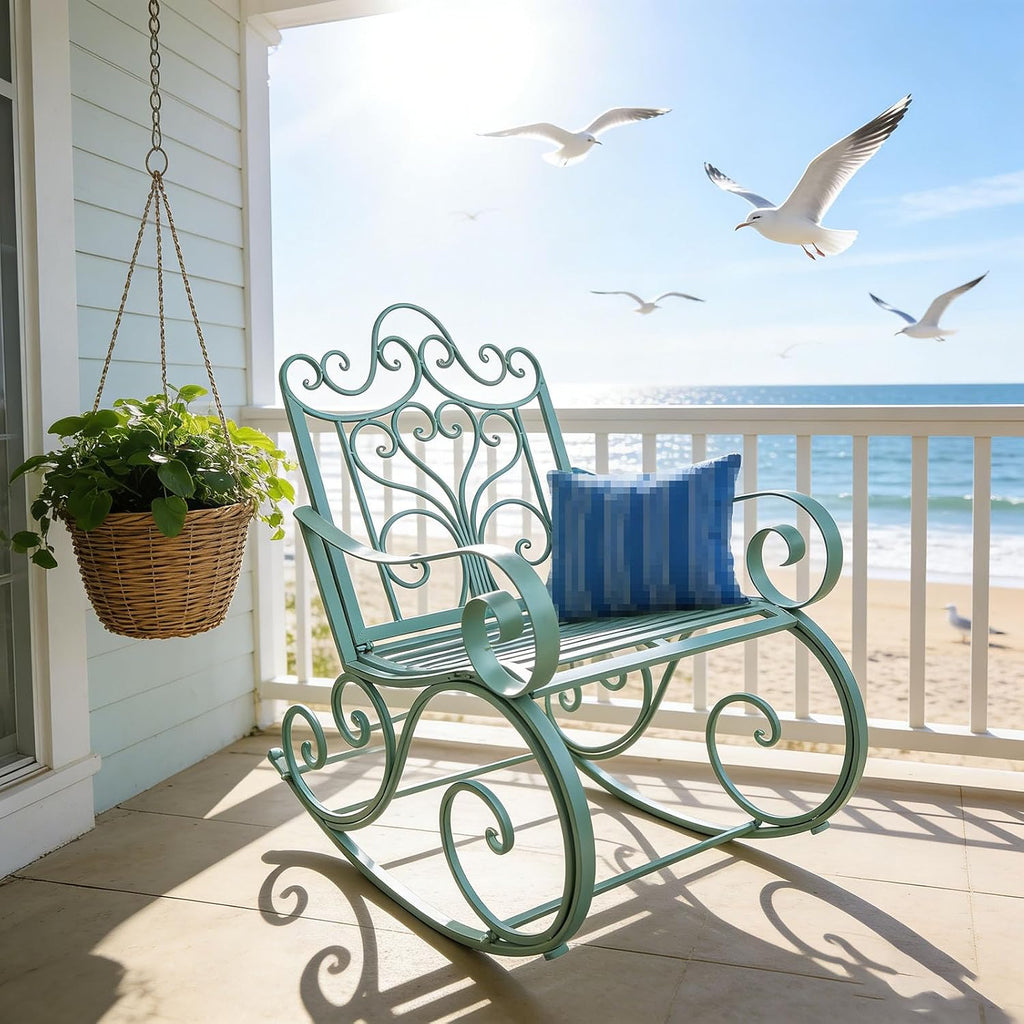 Outdoor Rocking Chair, Wrought Iron Metal Patio Rocking Chair with Armrests and Backrest, Suitable for Indoor