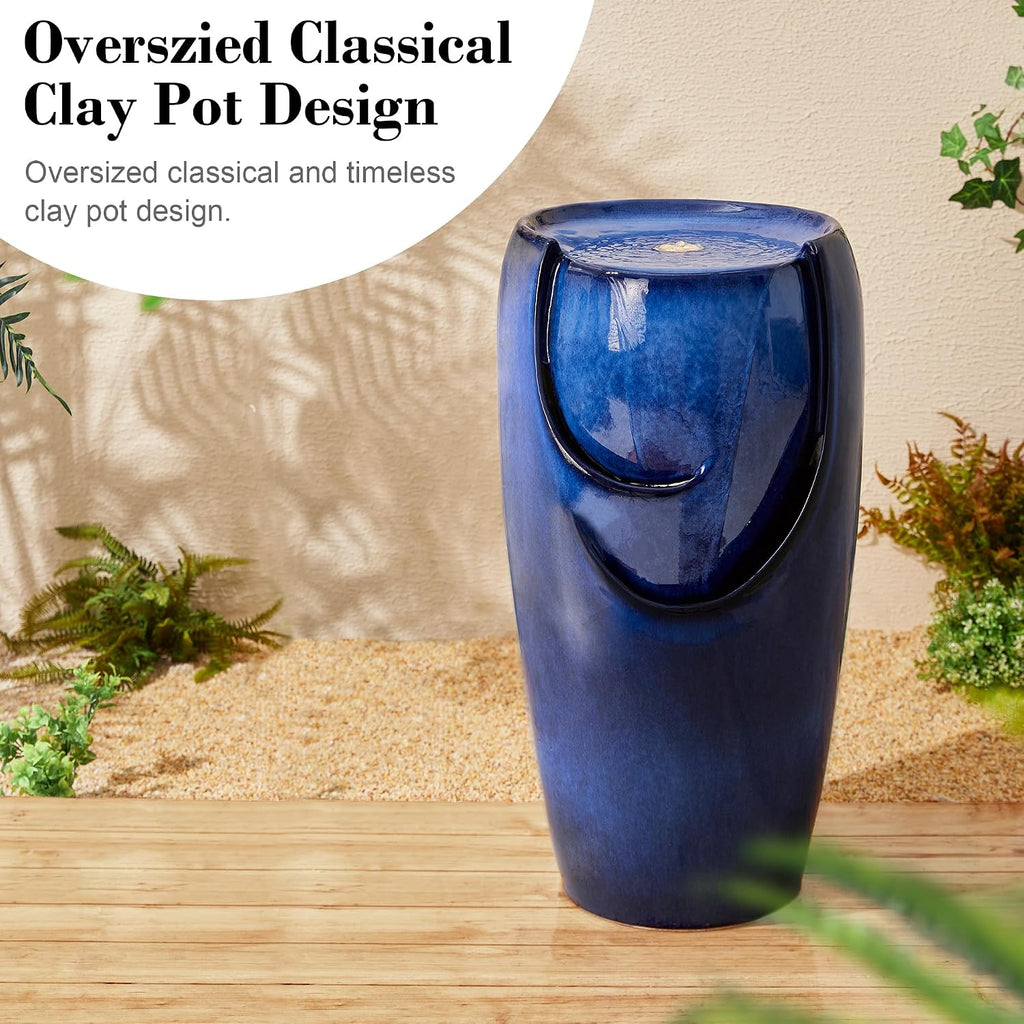 29.25" H Outdoor Water Fountain Ceramic Jar Water Fountain with LED Light and Submersible Pump Vase Freestanding