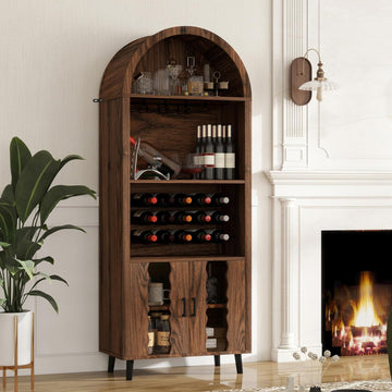 71" Farmhouse Arched Bar Cabinet with Wine Rack, Brown Wine Cabinet | 16 Glass Holder, Farmhouse Style, 15-Bottle
