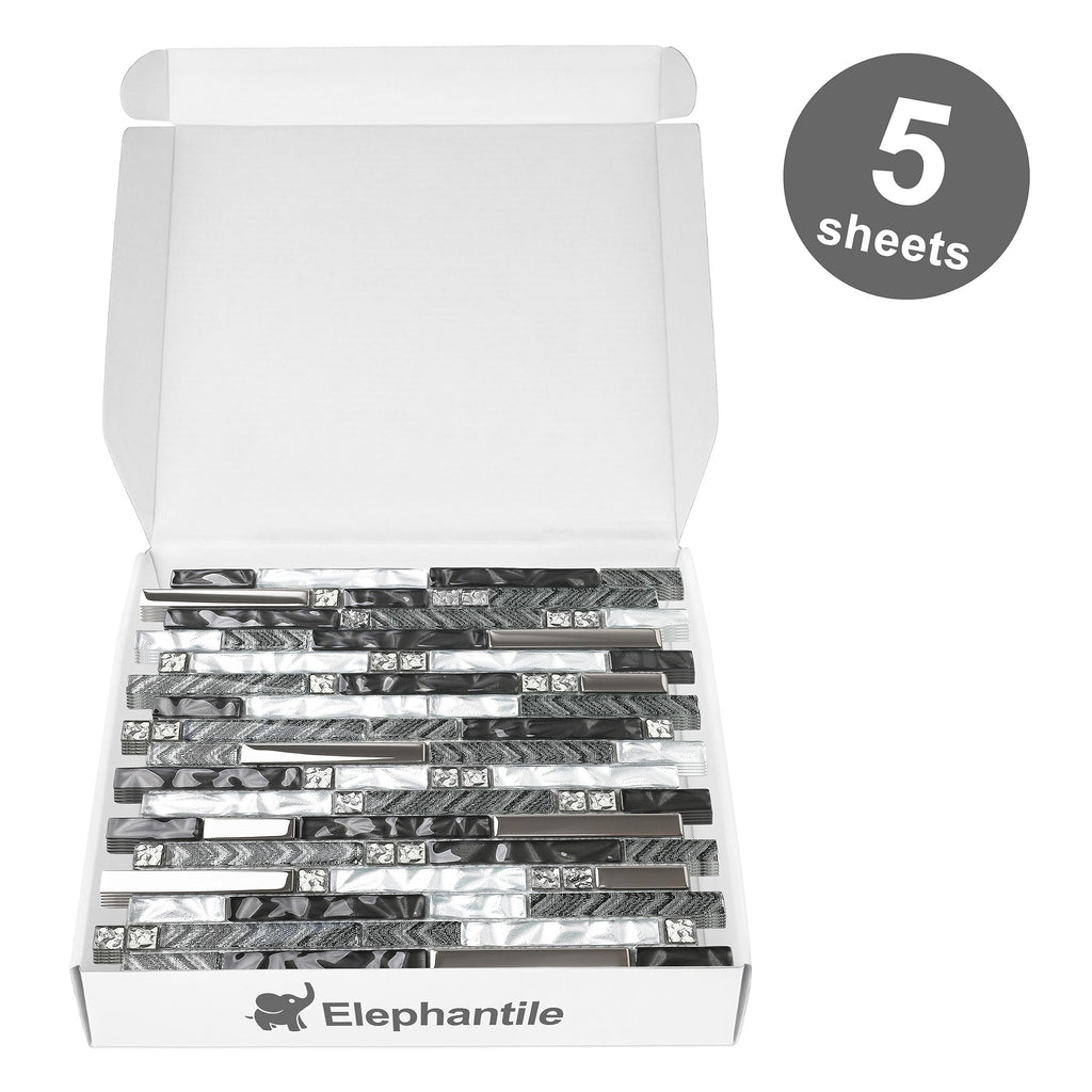 Black & White Glass Linear Tile Backsplash Bahtroom Wall Mosaic Sheets [Set of 5]