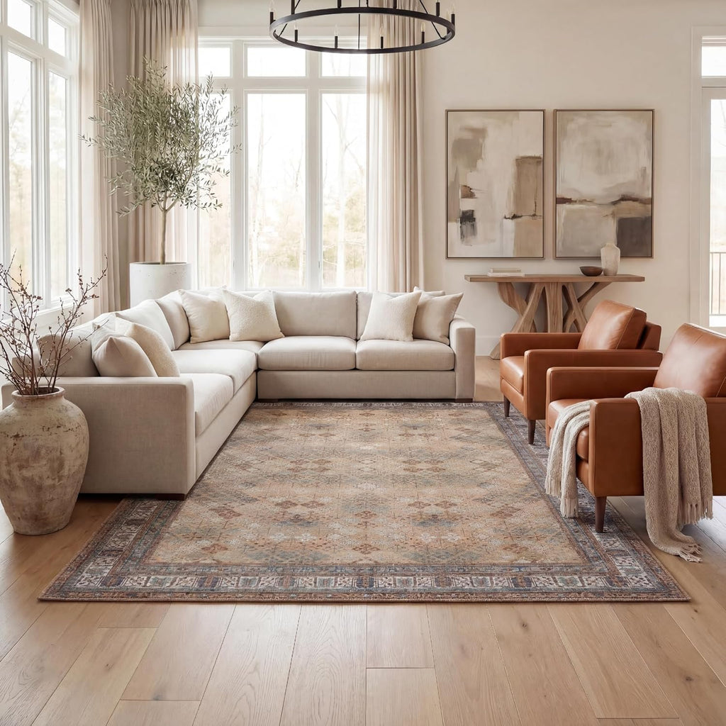 9x12 Large Area Rug, Machine Washable Area Rug with Non-Slip Backing, Vintage Style, Soft, Easy Clea