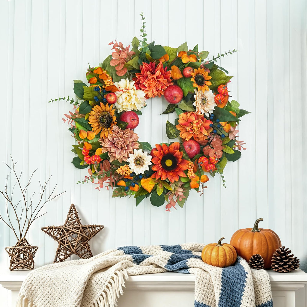 24 Inch Fall Wreaths for Front Door, Apple Wreath Artificial Autumn Wreath