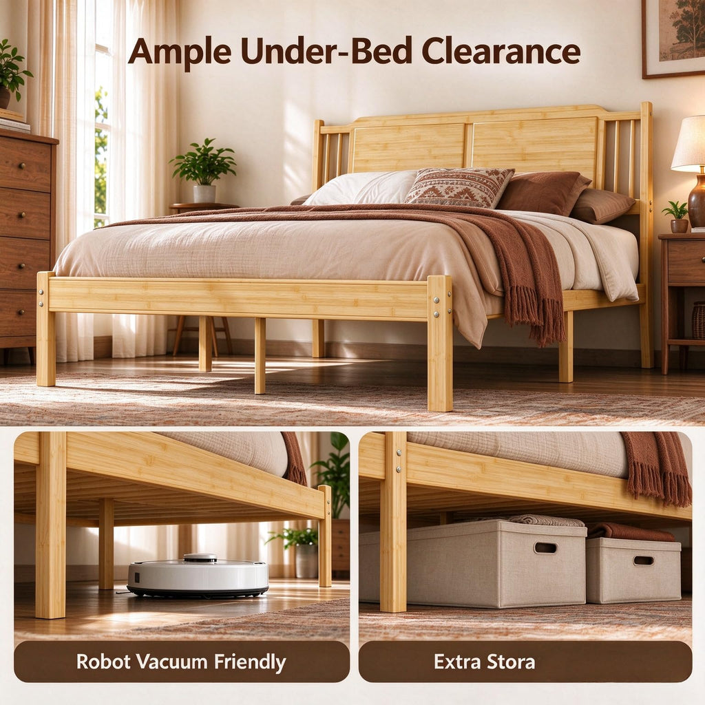 King Bamboo Bed Frame with Panel Headboard and Footboard, 14 Inch Platform Bed Frame with Metal Slat Support, No Box