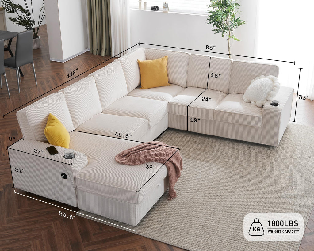 112" Sectional Couch, U Shaped Couch with Storage, Couches