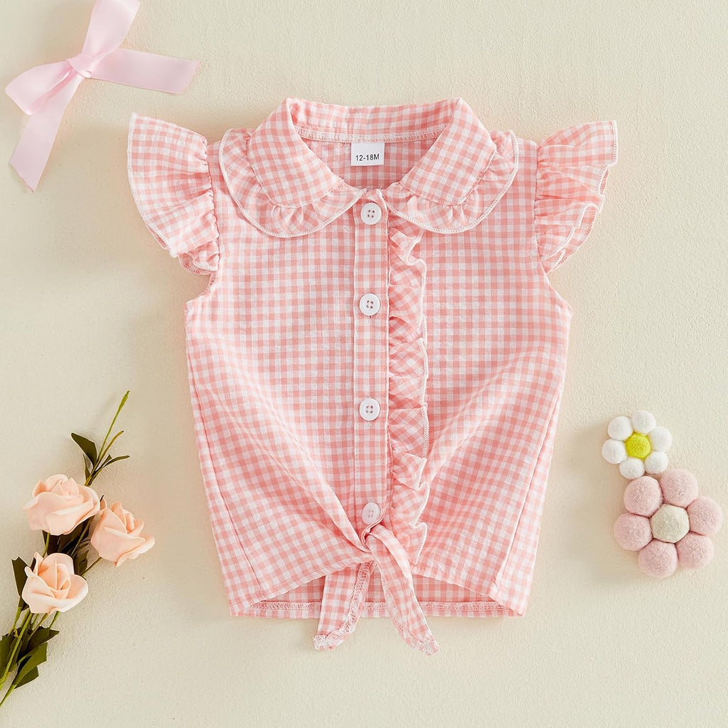 Toddler Girl Button Down Shirt Tie Knot Shirt Plaid Blouse Sleeveless Ruffle Tops Kids Baby Summer Clothes