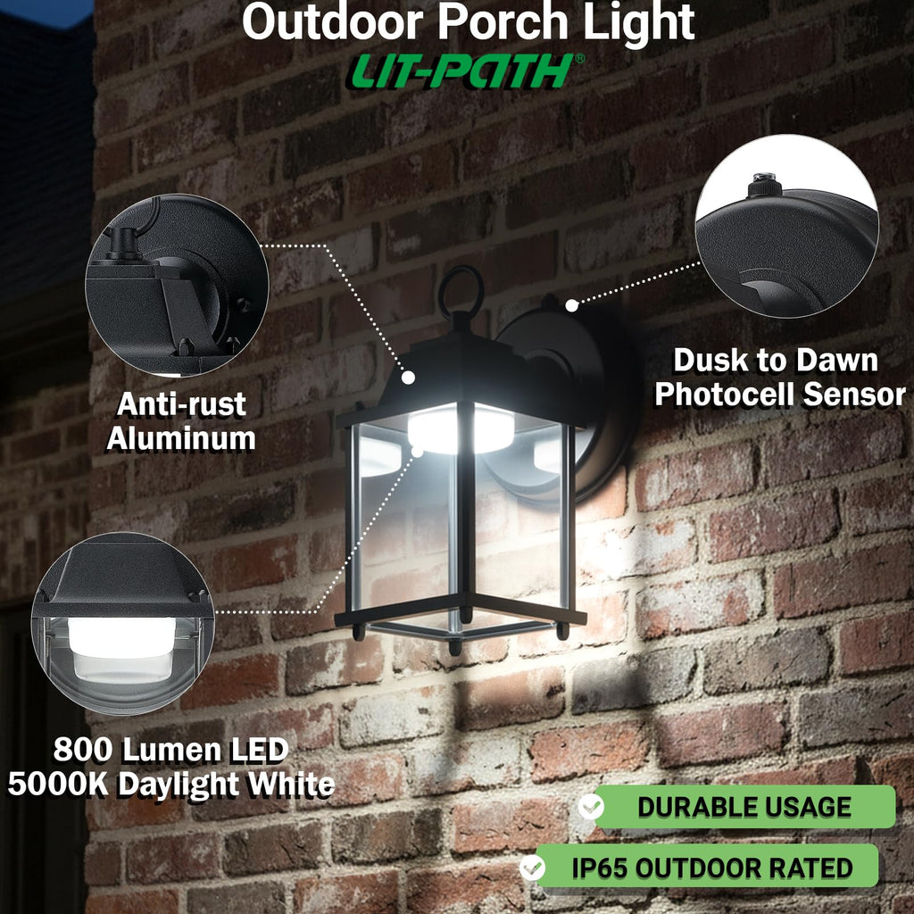Outdoor Wall Light Dusk to Dawn, Aluminum, LED 5000K, Black 1 Pack