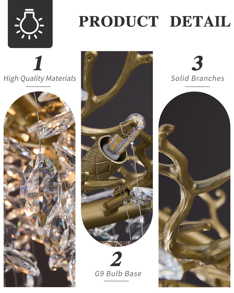 Modern Crystal Chandelier, 16-Light 55.12" Gold Tree Branch Chandeliers, Luxury K9 Crystal Rectangular Chandeliers