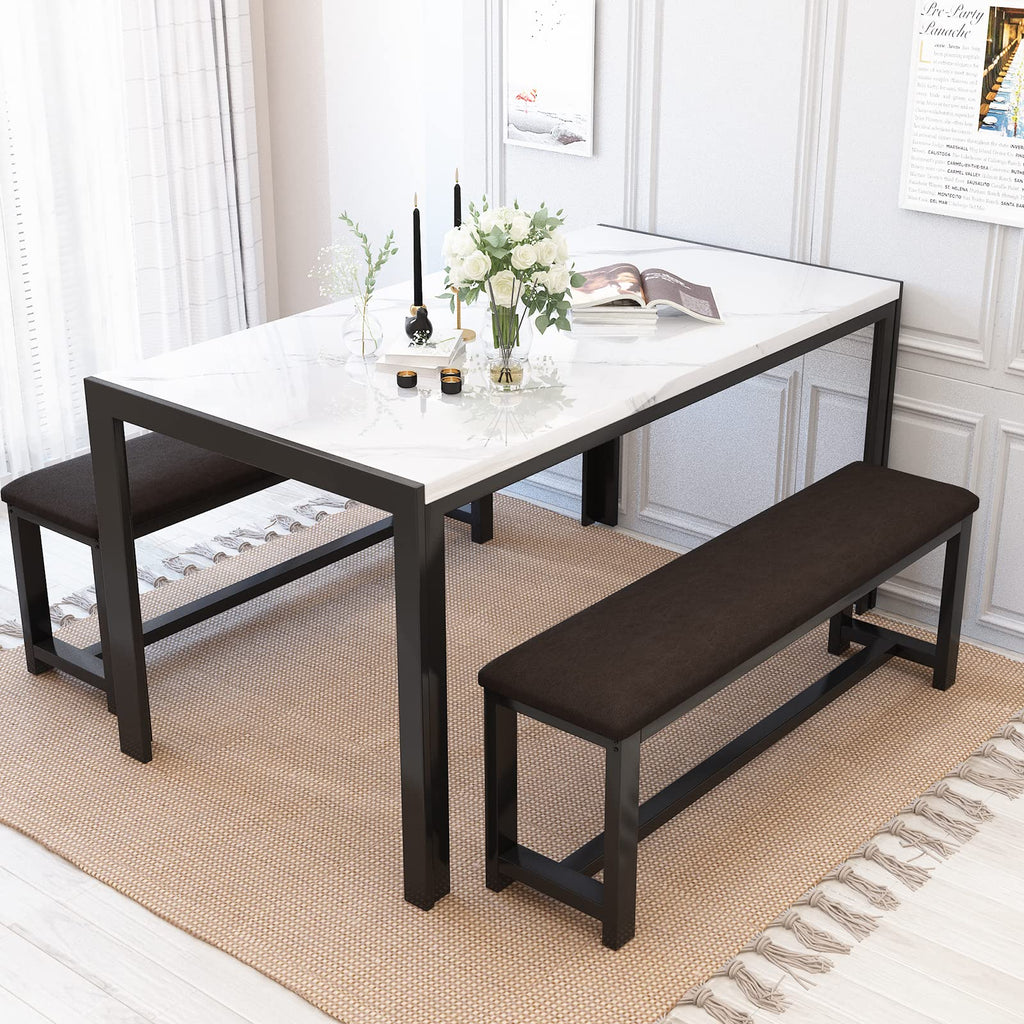 Dining Table Set for 4, Faux Marble Kitchen Table with 2 Leather Bench