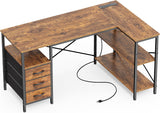 L Shaped Office Desk with Power Outlets, 47 Inch Computer Desk with 3 Drawers, Shelves, for Gaming, Corner Work