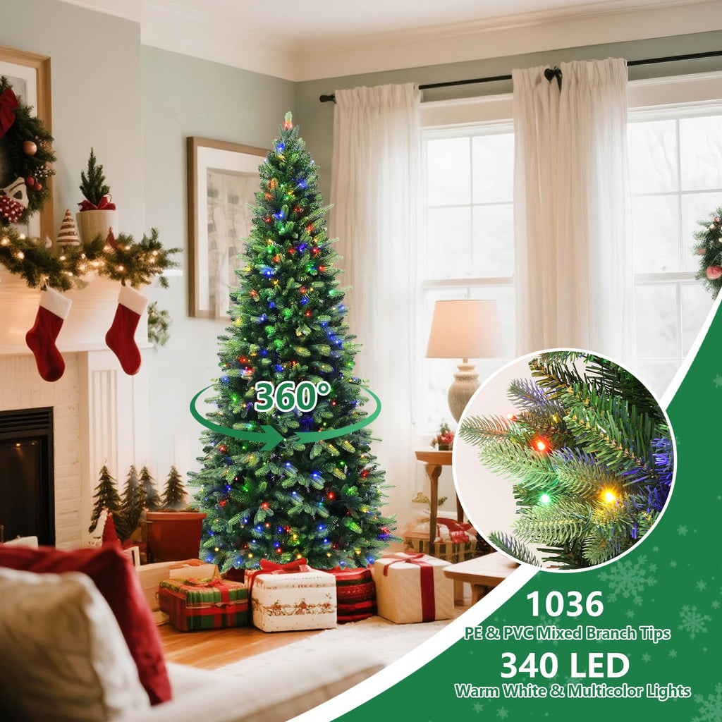 360° Rotating Prelit Christmas Tree - 6.5ft Musical Pencil Christmas Tree with Remote Control, 872 PE & PVC Mixed
