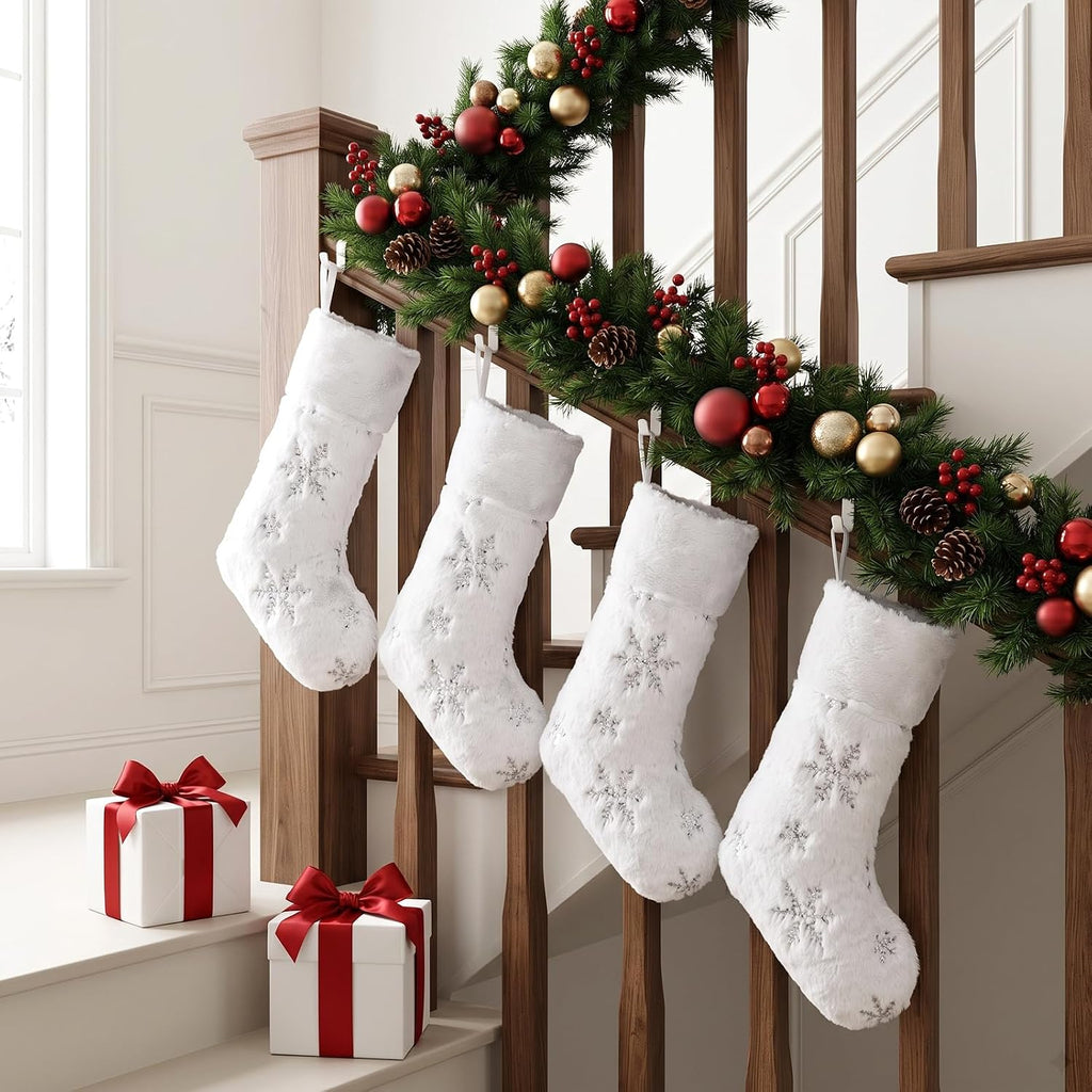4 Pack Christmas Stockings, 18.5 Inch Large Faux Fur Xmas Stocking, Festive Gift Decor with Silver Sequin Snowflakes