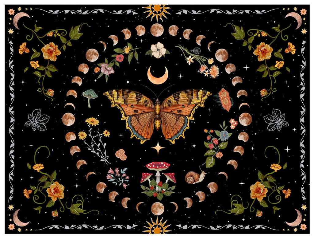 Orange Butterfly Moon Flower Tapestry Botanical Floral Plant Boho Tapestry Aesthetic Vintage Tapestries Wall Hanging