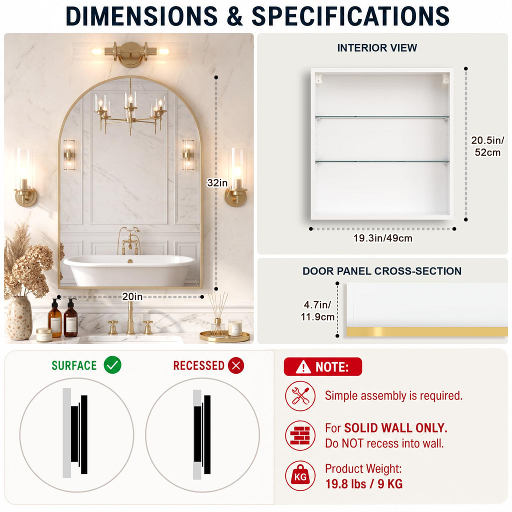 Medicine Cabinet Mirror, Surface Mount for Small Bathroom, 20x32 Inch