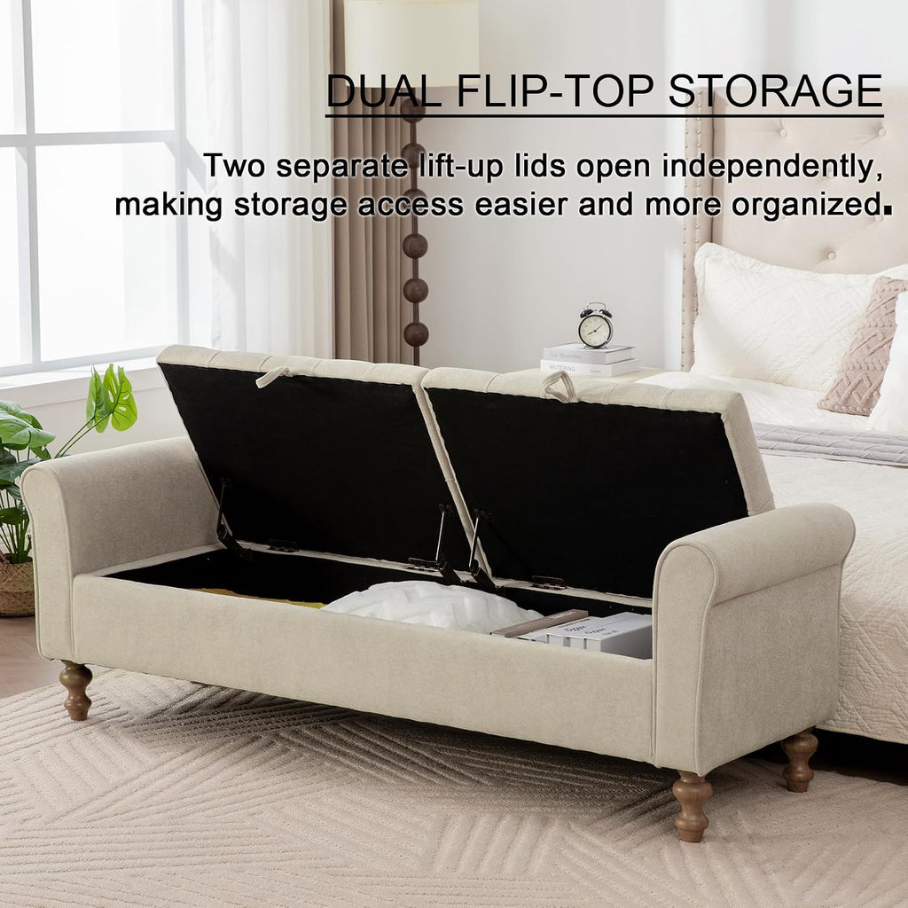 Storage Bench , 65.2'' Tufted End of Bed King Size Upholstered Extra-Long Bench with Dual Flip-Top Lids , Cloakroom