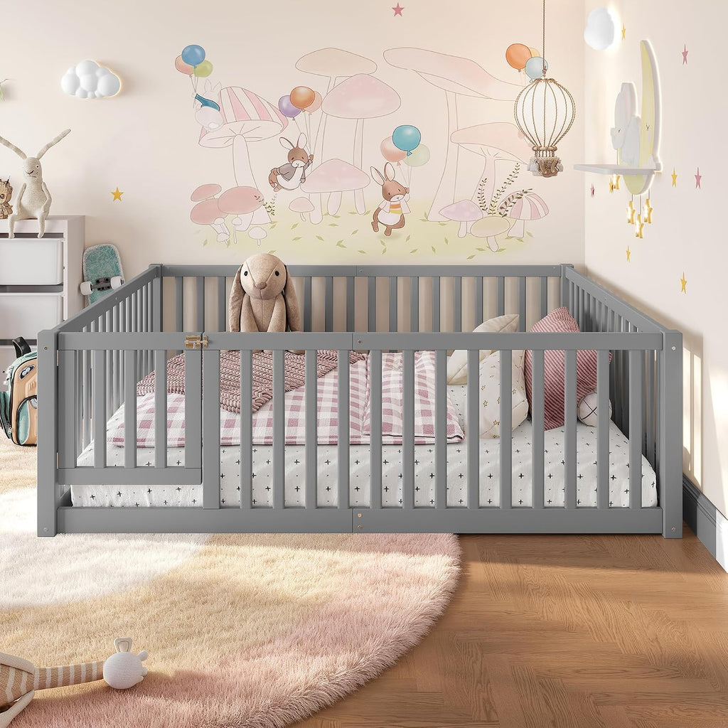 Full Size Kids Montessori Floor Bed with Door,Solid Wood Floor Bed Frame with High Fence for Girls,Boys,Gray