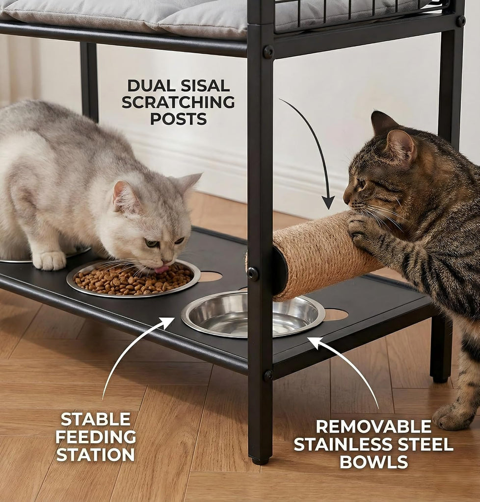 Cat Feeding Station Furniture with Scratching Post, 3-Tier Cat Food Organizer & Storage, Raised Feeding Stand with 2