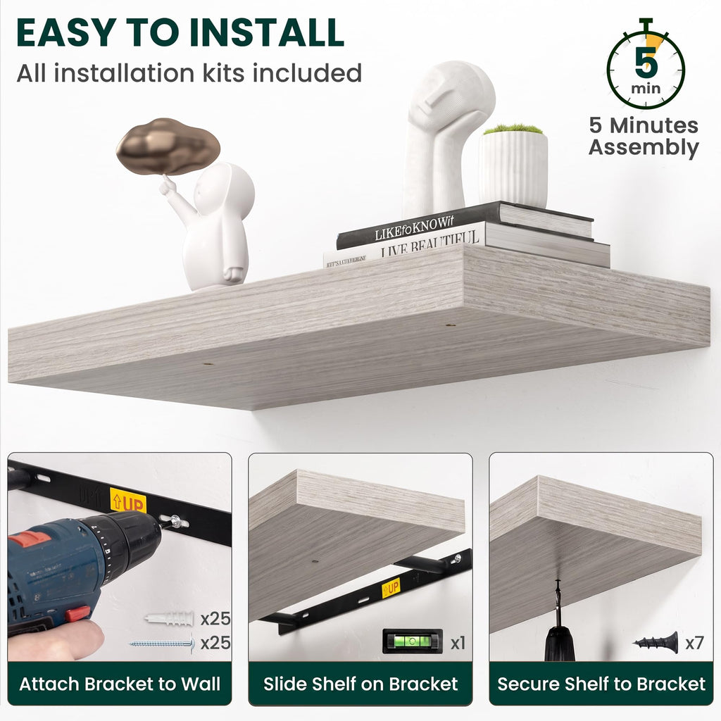 12 Inch Deep Floating Shelves Grey, 72 Inch Long, 2" Thick Floating Shelves for Wall, Hidden Bracket