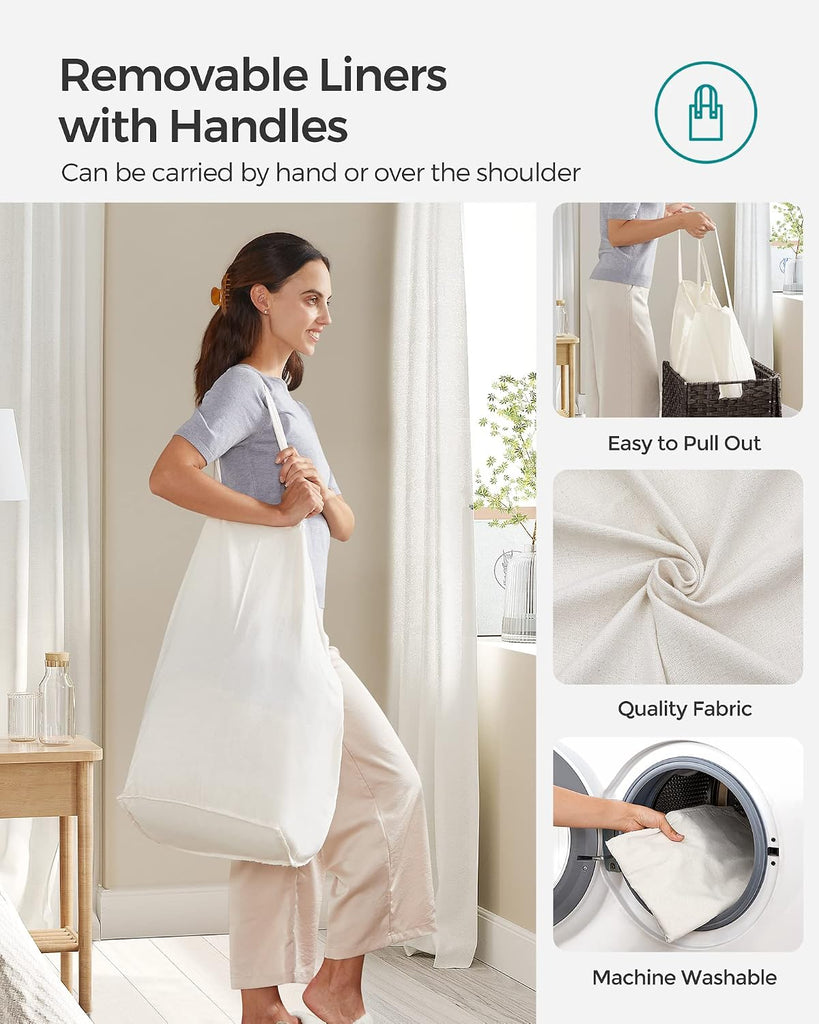 Laundry Hamper with Lid, 110L Wicker Laundry Basket | 6 Mesh Bags, 2 Removable Liner Bags, 13 x 22.4 x 23.6 Inches