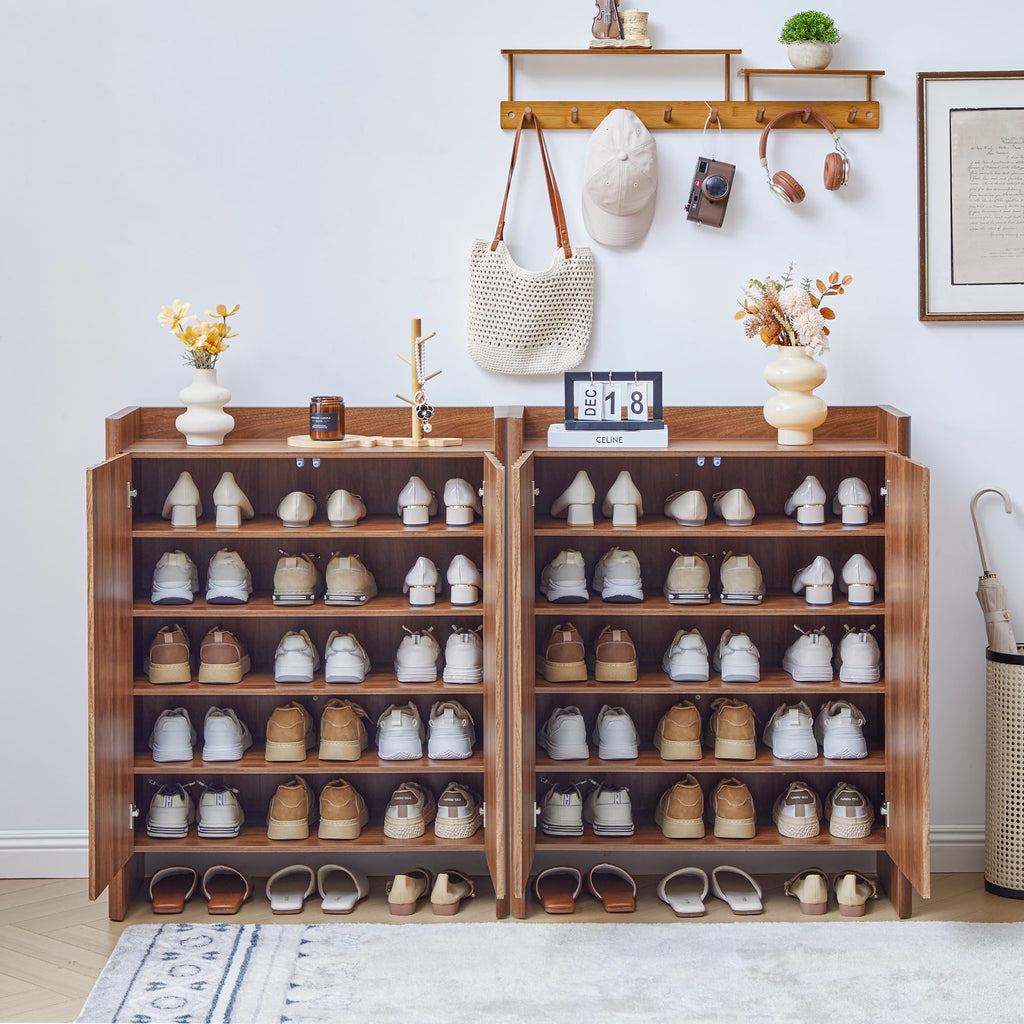 5-Tier Fluted Shoe Cabinet with Doors, Walnut