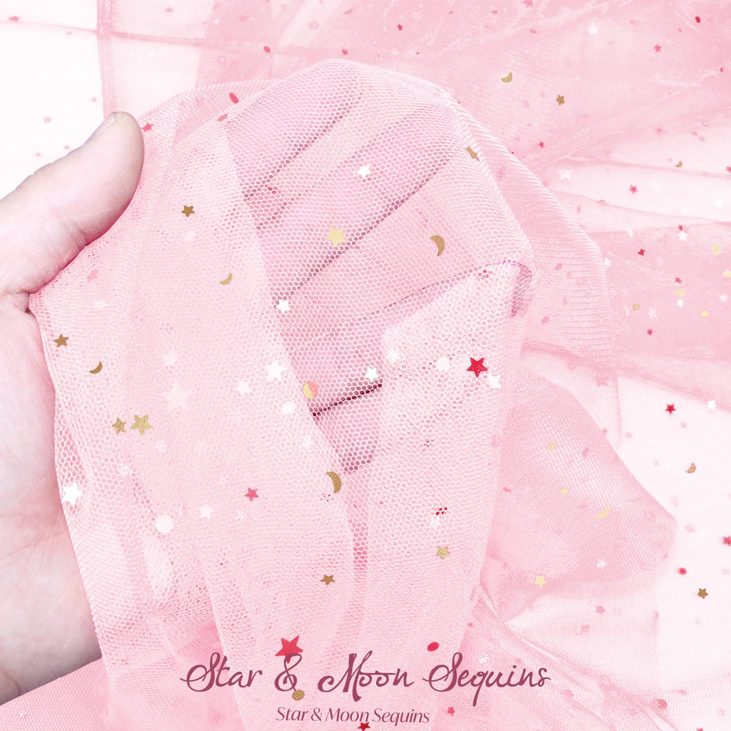 Light Pink Glitter Tulle Fabric Rolls, 3 Yard, Star & Moon Sequin