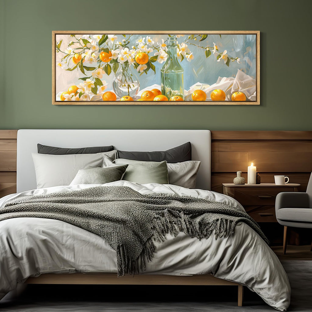 Large Framed Canvas Print Wall Art Bright Still Life with Orange Blossoms and Citrus Fruits Antique Retro Ready to