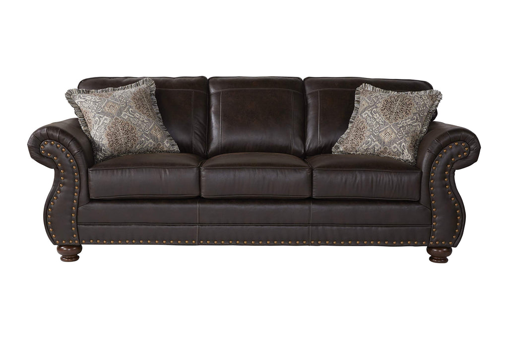 Leinster Faux Leather Sofa and Loveseat with Antique Bronze Nailheads in Espresso
