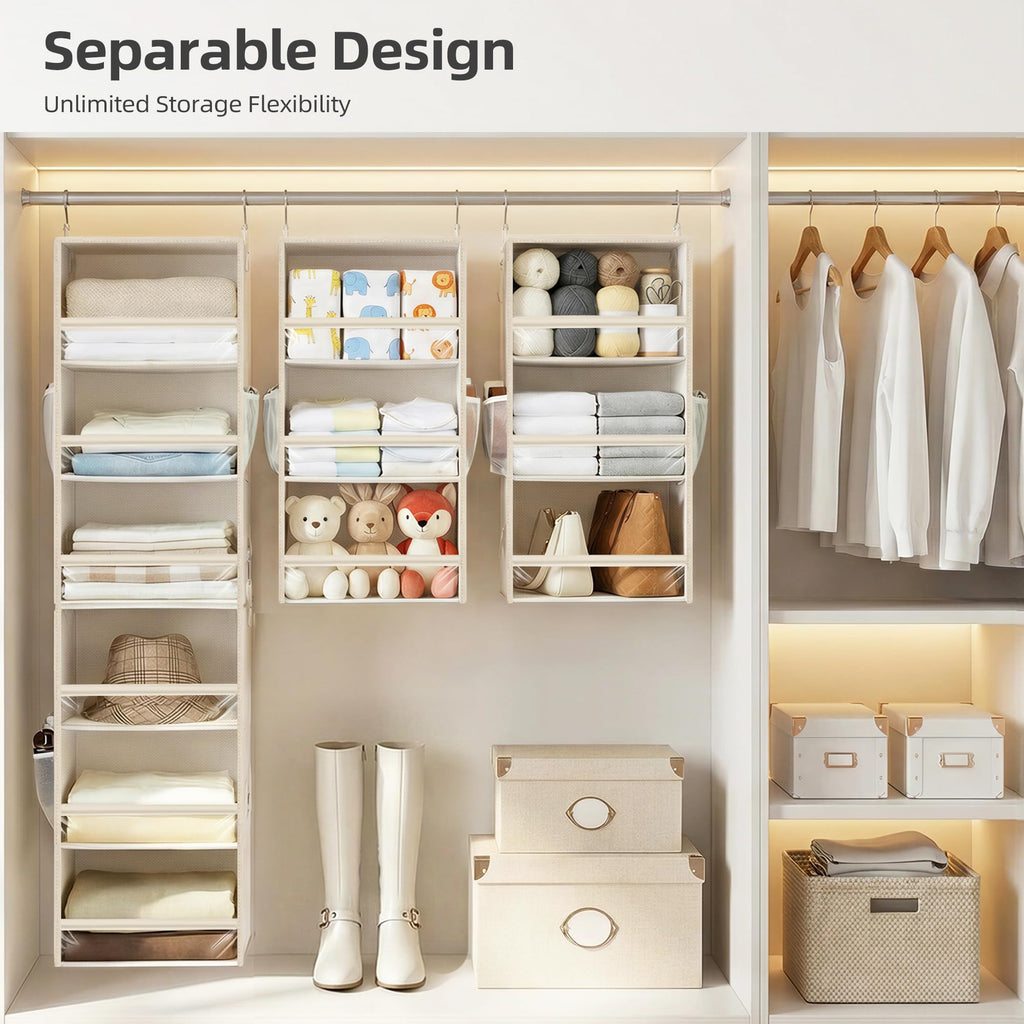 6-Shelf Hanging Closet Organizer and Storage, 2 Separable 3-Shelf Haning Organizers for Closet, Collapsible Hanging