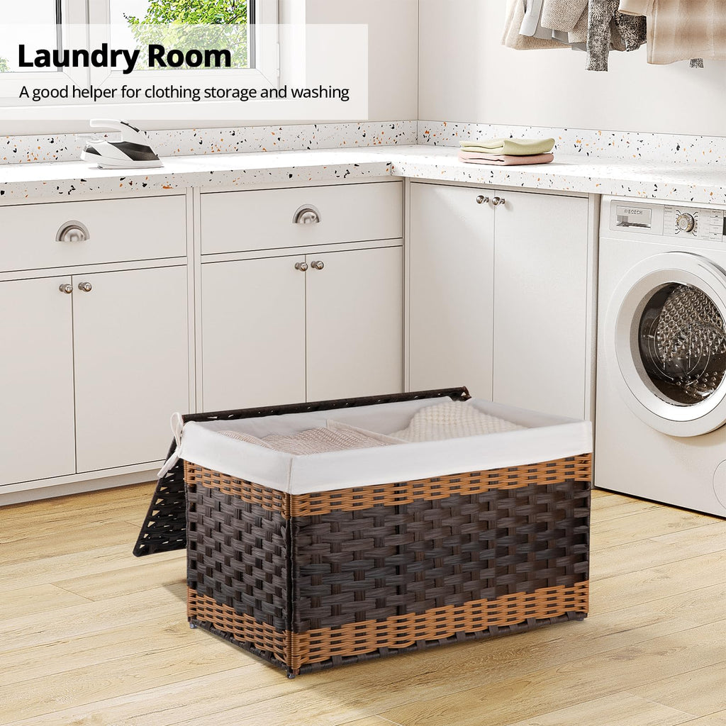 Storage Basket with Lid, 27.7 Gallon (105L) Blanket Basket with Removable Liner Bag, Synthetic Wicker Hamper with