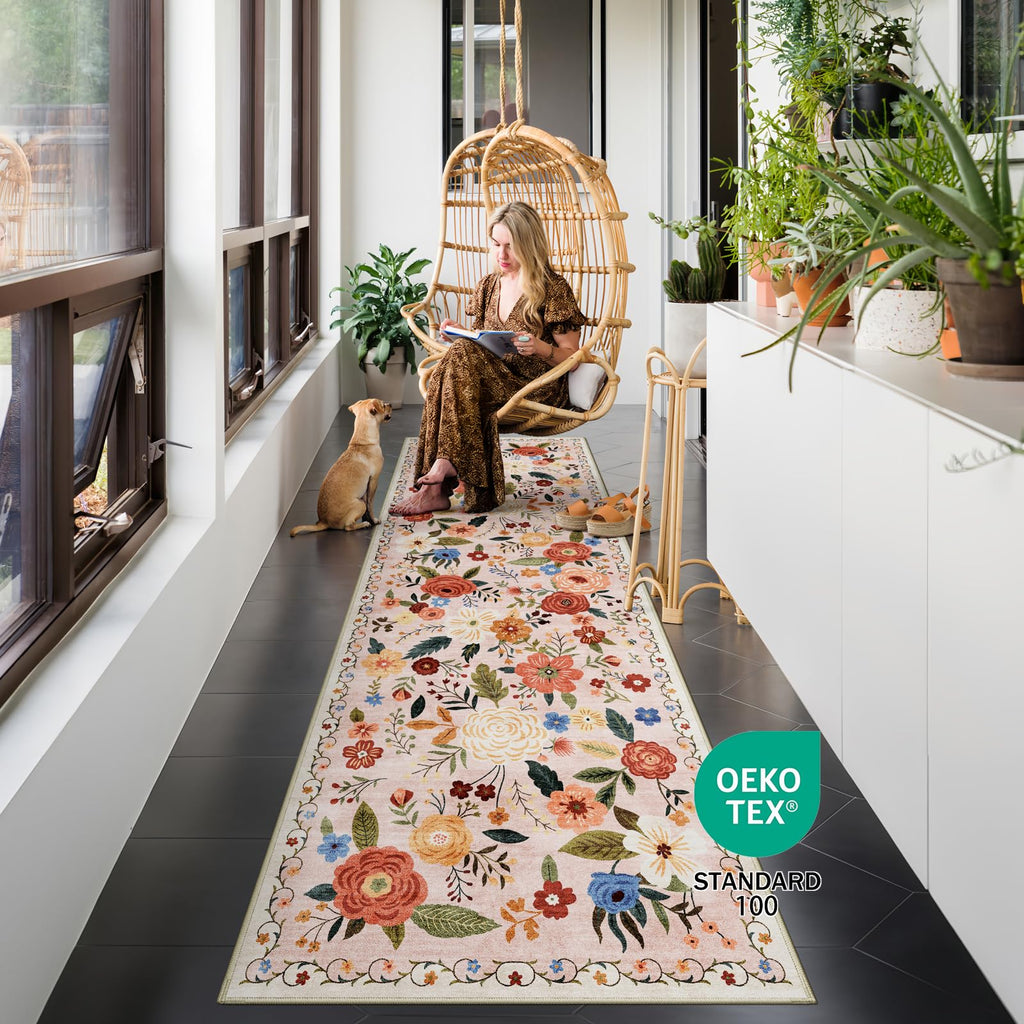 2x6 Washable Runner Rug Beige Boho Floral Kitchen Bedroom