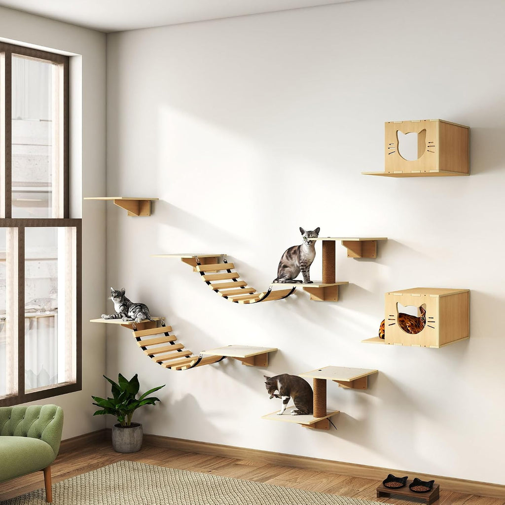 Cat Wall Shelves, Wood 8-in-1 Cat Wall Furniture Set, Large Cat Shelves for Wall with Scratching Post, Cat Climbing
