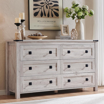 54" W Farmhouse 6-Drawer Dresser, Antique Brush White