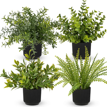 4 Pack Artificial Potted Plants Eucalyptus Rosemary Boston Fern ZZ Plant Fake Plant in Black Pot Small Faux Plant