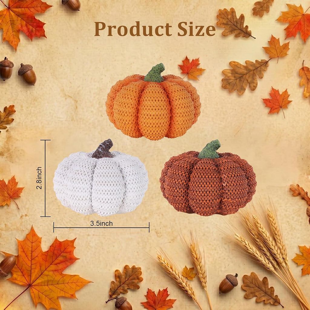 Fall Pumpkin Decor, Resin Pumpkins Figurines for Fall Decor, Rustic Knit Textured Pumpkins Fall Decorations - Set of 3