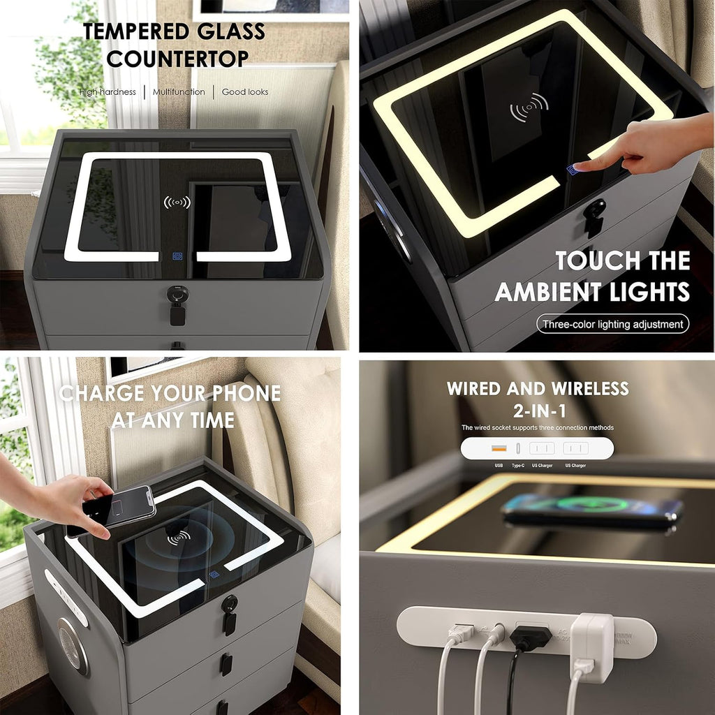 Smart Nightstand with Wireless Charging, Nightstand with Fingerprint Lock Drawer, Night Stand with Charging Station,2