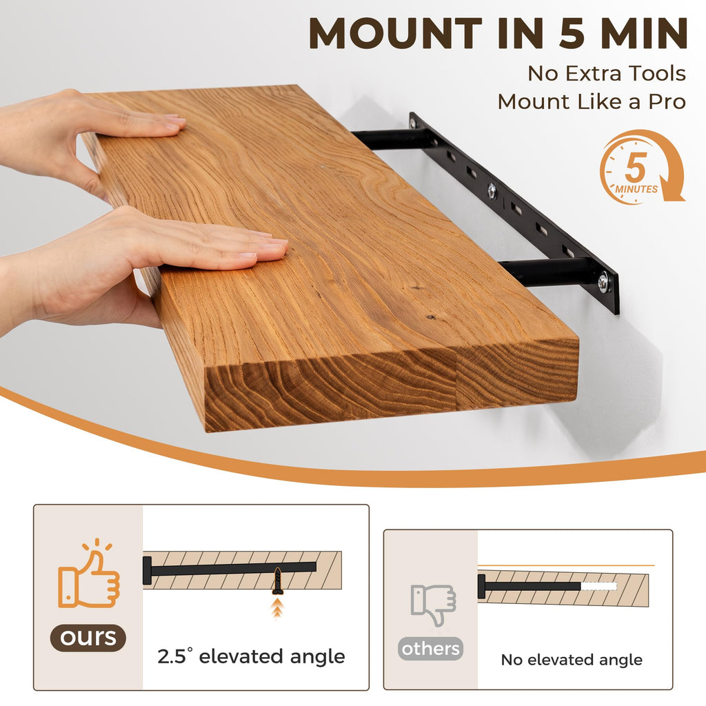 Elm Floating Shelves for Wall - 48 in Rustic Solid Wood Shelves with Heavy-Duty Invisible Bracket, Wall-Mounted