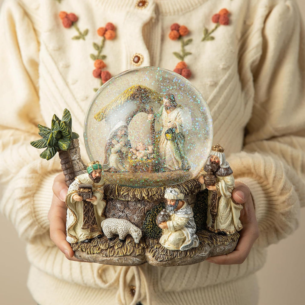 150mm Lighted Musical Christmas Snow Globe,Oversized Resin Holy Family Nativity Figurines Scene Water Globe,Xmas