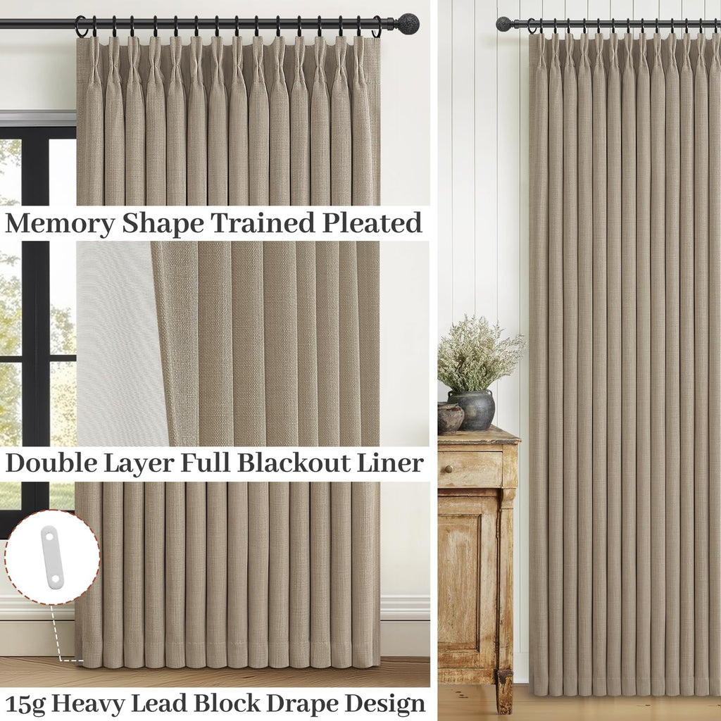 Blackout Extra Long Floor to Ceiling 132 Inch Curtains 2 Panel Set, Warm Beige Memory Shape Pinch Pleat Natural Linen