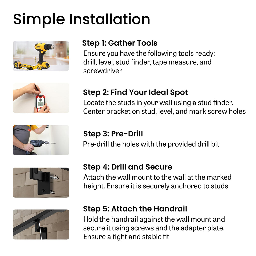 Modern Aluminum Handrail Complete DIY Kit - Matte Black with Adjustable Wall Mount Brackets Included (7' Length)