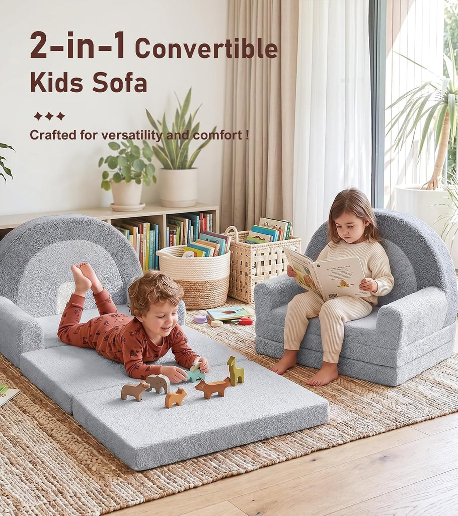 In-1 Extra Large Kids Couch Fold Out, Soft Kid Sofa for Playroom, Gray