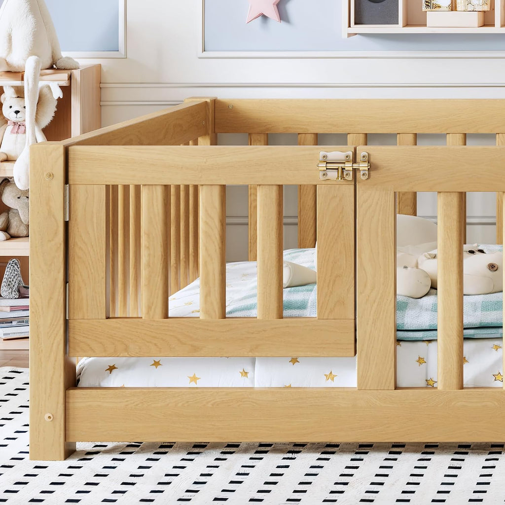 Montessori Floor Bed Frame with Slats and Fence for Kids, Natural