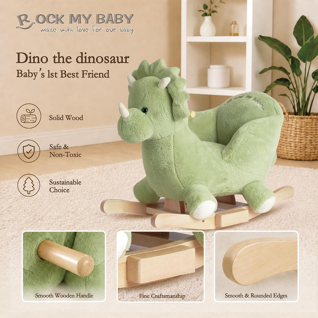 Rocking Horse Green Dinosaur with Chair, Plush Stuffed Rocker for Toddlers 1-3, Baby Rocker with Sweet Music, Wooden