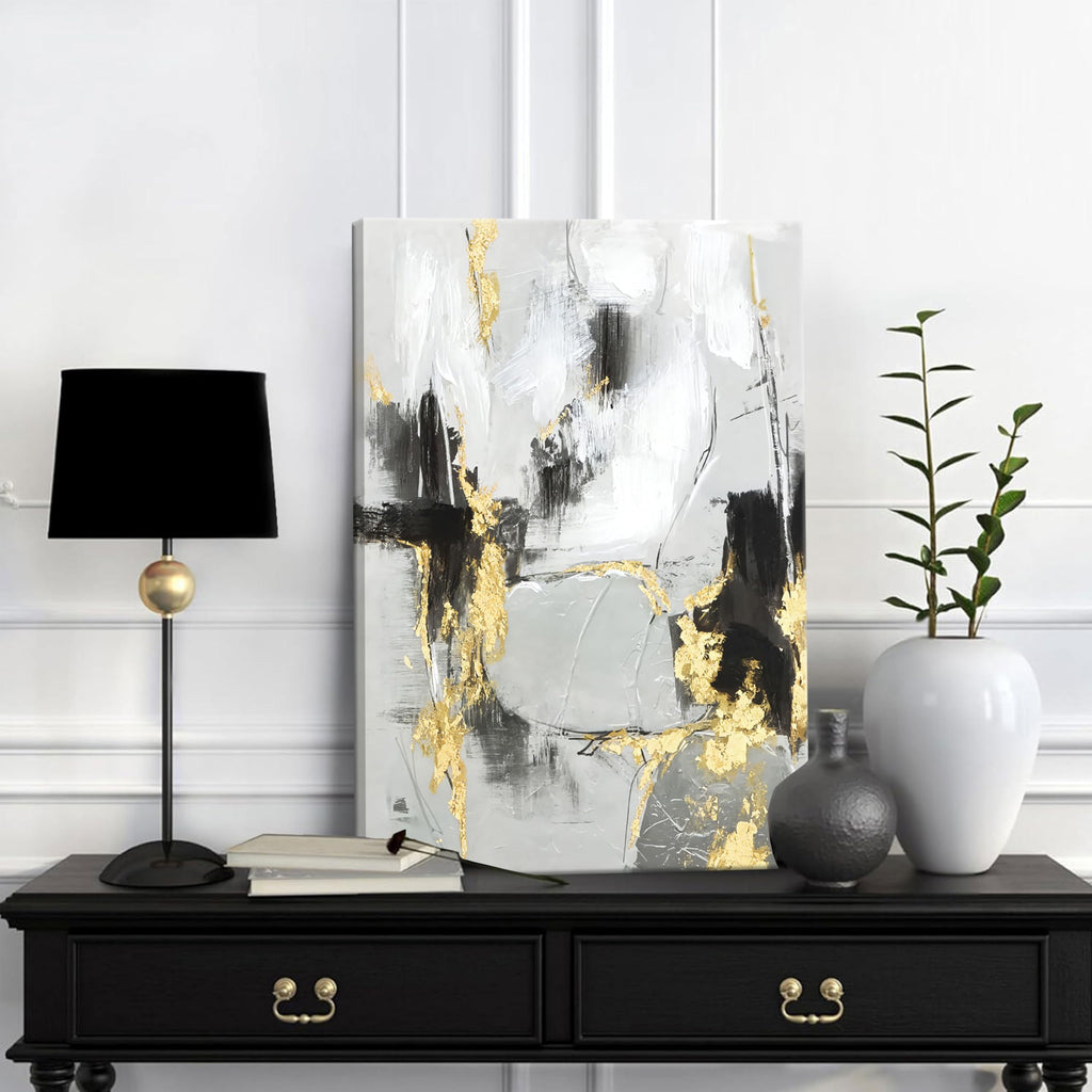 Framed Abstract Black Gold Wall Art Set of 2, Modern Black White Gold Canvas Prints Poster Picture Bedroom Office