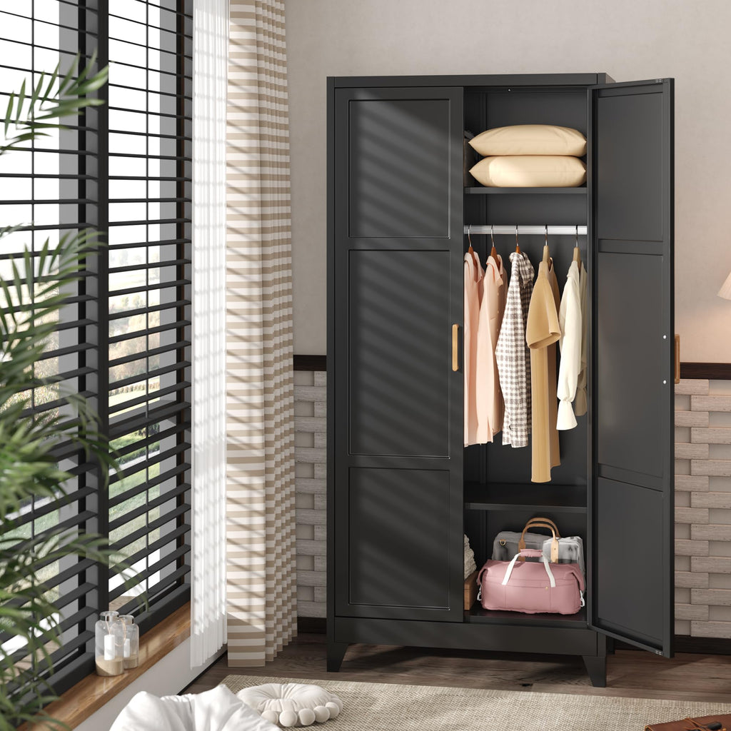71" H Metal Wardrobe Cabinets with 2 Doors, Large Clothing Storage Cabinets with Hanging Rod and Adjustable Shelves