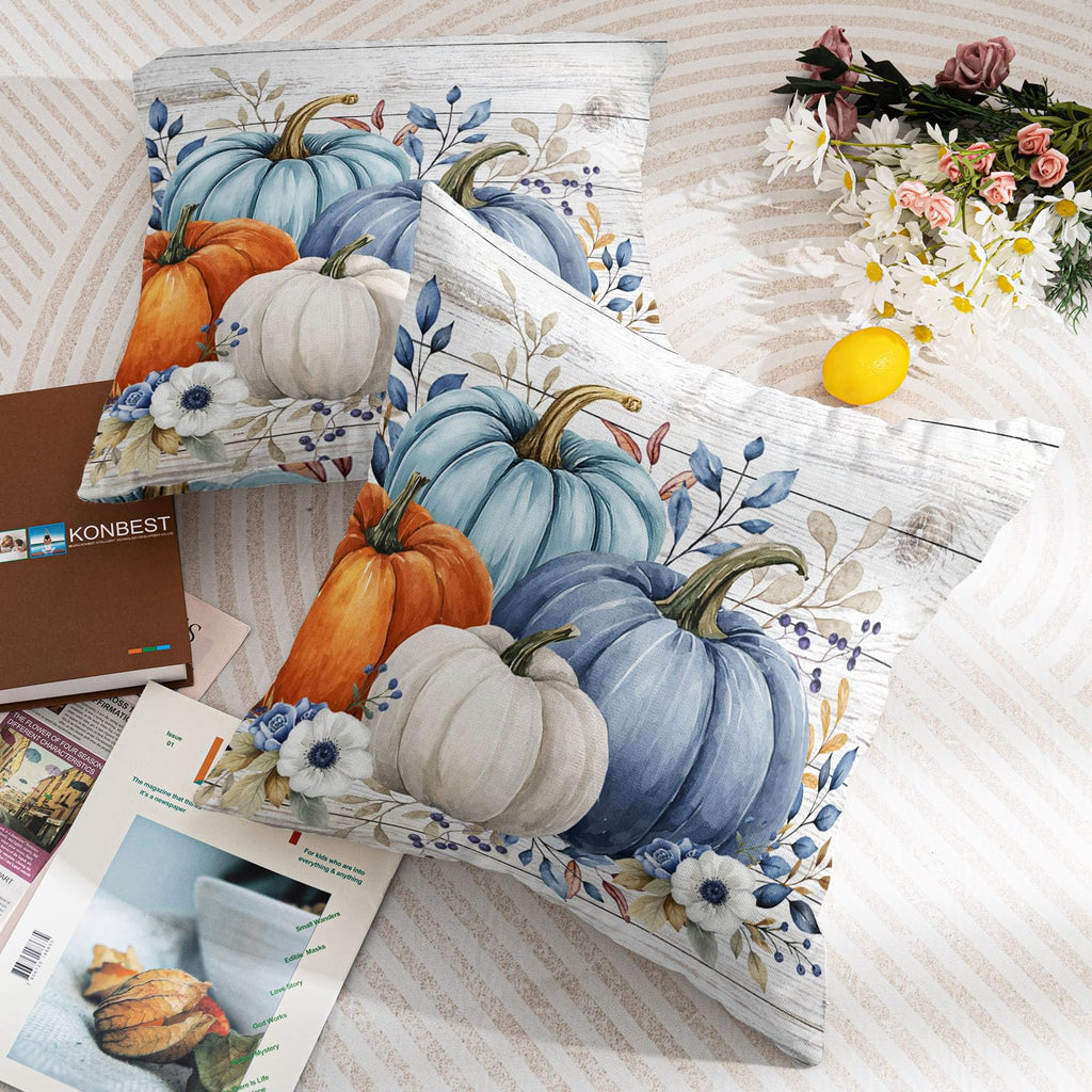 Fall Pumpkin Floral Throw Pillow Covers 20x20 Inch Blue Teal Orange Pumpkins Leaf Decorative Pillow Covers Pack of 2
