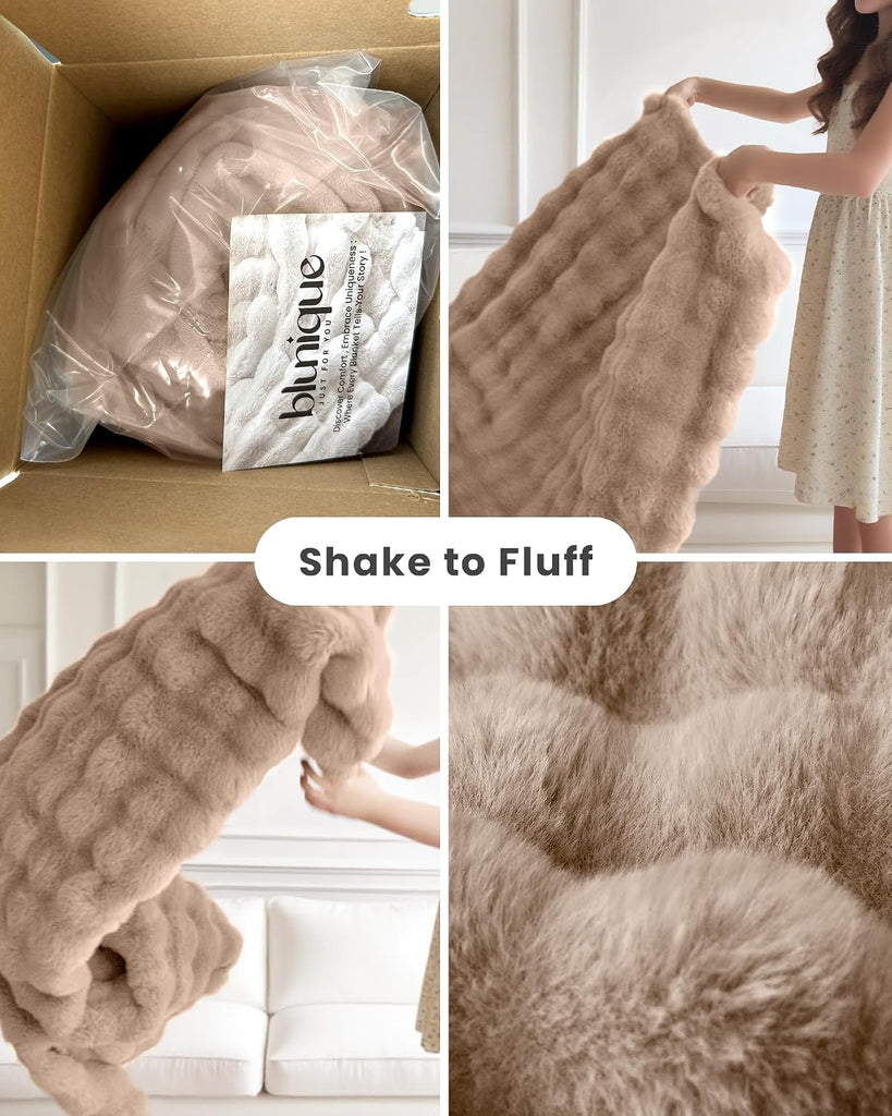 Ultra Soft Cozy Faux Fur Throw Blanket, Fuzzy Plush Thick Bubble Blanket, Oversize Luxury Fluffy Blanket for Couch